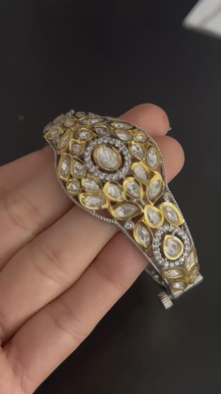 Dual-Tone Polki Bangle with Antique Silver & Gold Finish